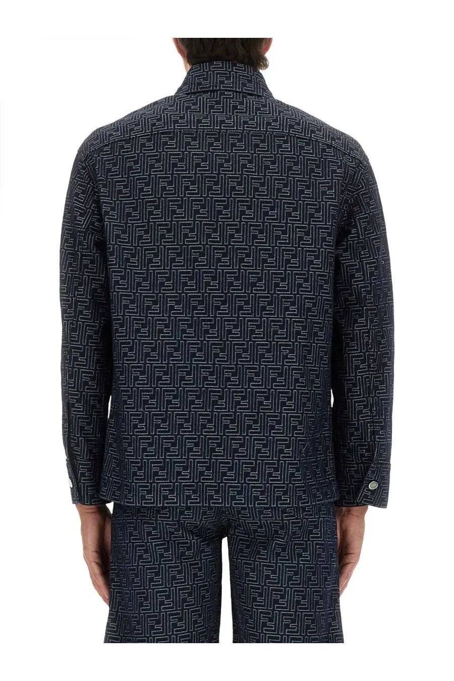 Dark blue fendi men’s ff jacquard denim jacket with repeating monogram pattern in lighter contrast stitching