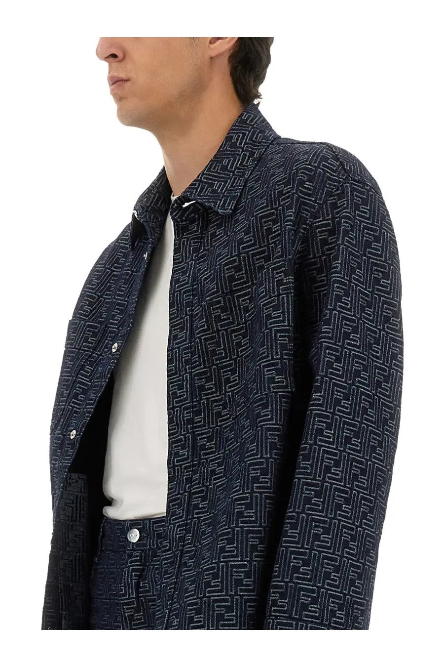 Dark blue fendi men’s ff jacquard denim shirt with repeating white logo pattern on fabric