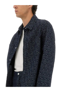 Dark blue fendi men’s ff jacquard denim shirt with repeating white logo pattern on fabric