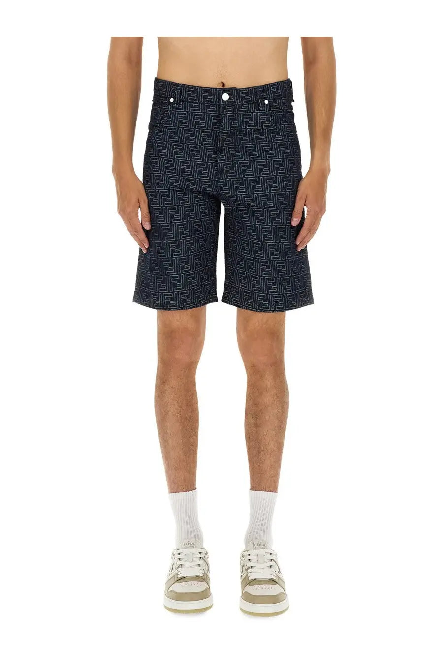 Fendi men’s dark blue denim shorts with a repeating lighter tone geometric jacquard pattern