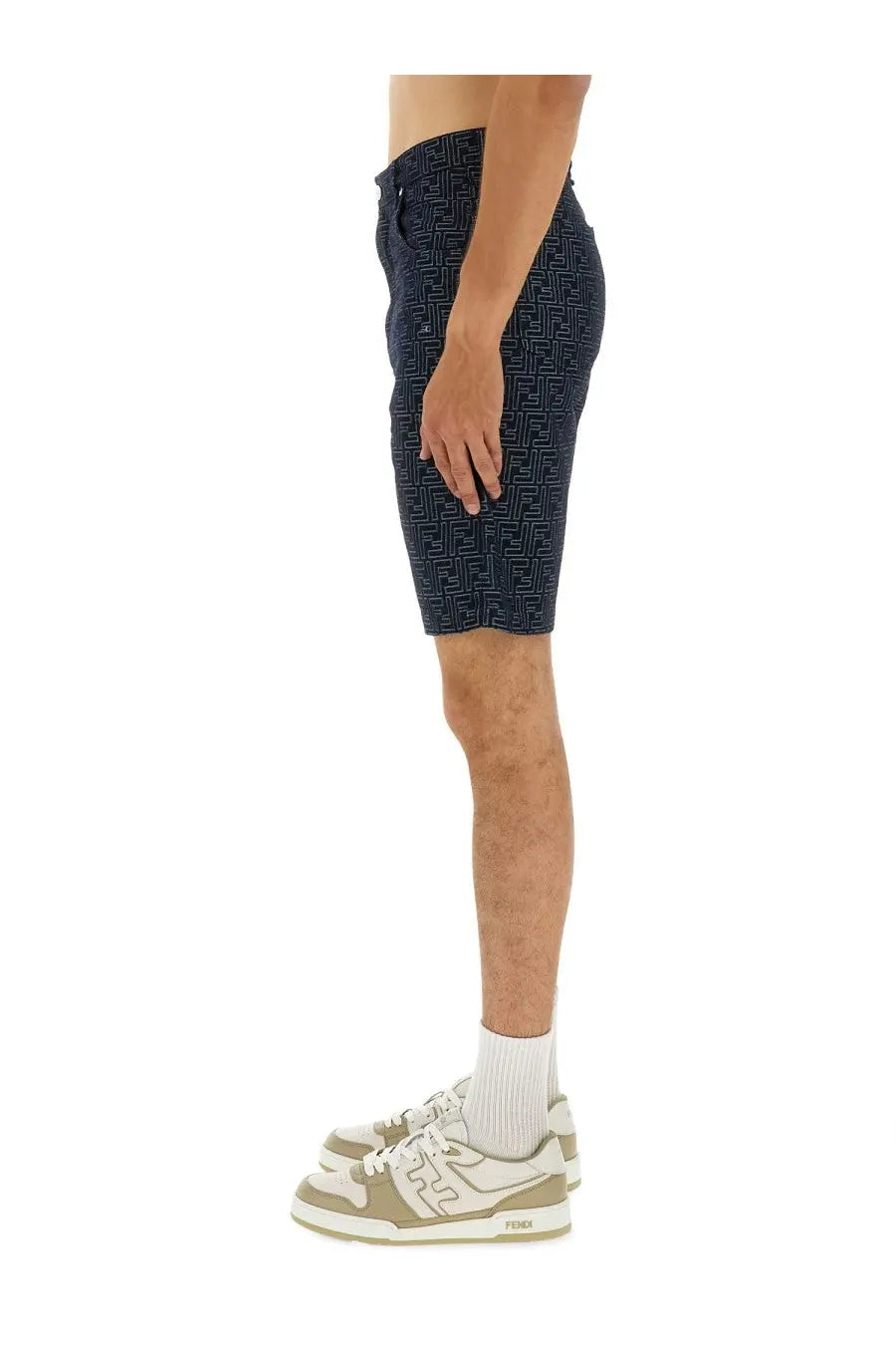 Fendi Men's FF Jacquard Denim Shorts Blue, view 4