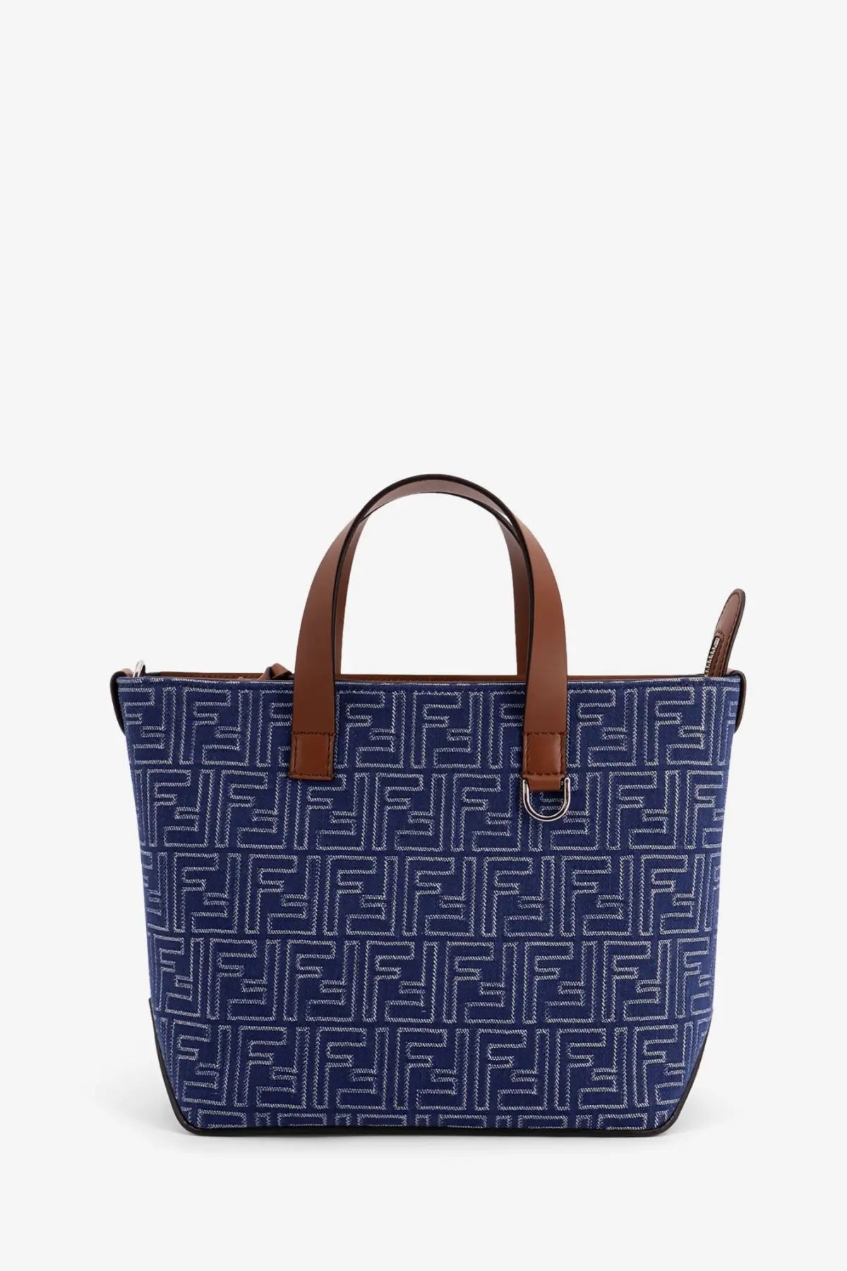 Blue fendi men’s ff jacquard fabric tote bag with brown leather handles and repeating ff logo pattern beige details