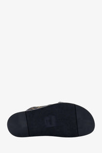 Black rubber sole with subtle textured pattern and small heel label on fendi men’s ff jacquard fabric sandals black back side
