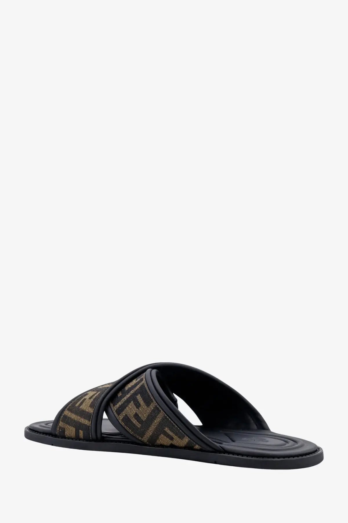Fendi men’s black slide sandal with brown and beige ff logo jacquard fabric straps