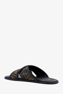 Fendi men’s black slide sandal with brown and beige ff logo jacquard fabric straps