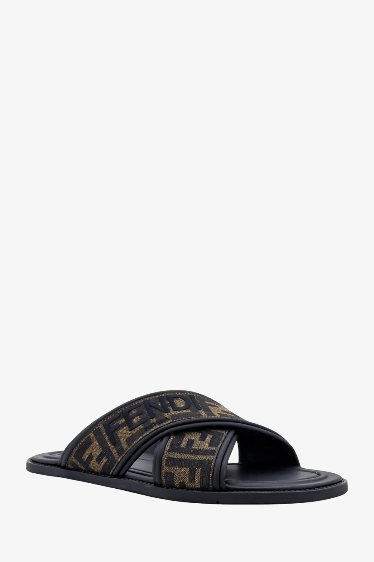 Black Fendi men’s slide sandal with brown and black FF jacquard fabric strap and black sole