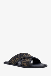 Black Fendi men’s slide sandal with brown and black FF jacquard fabric strap and black sole