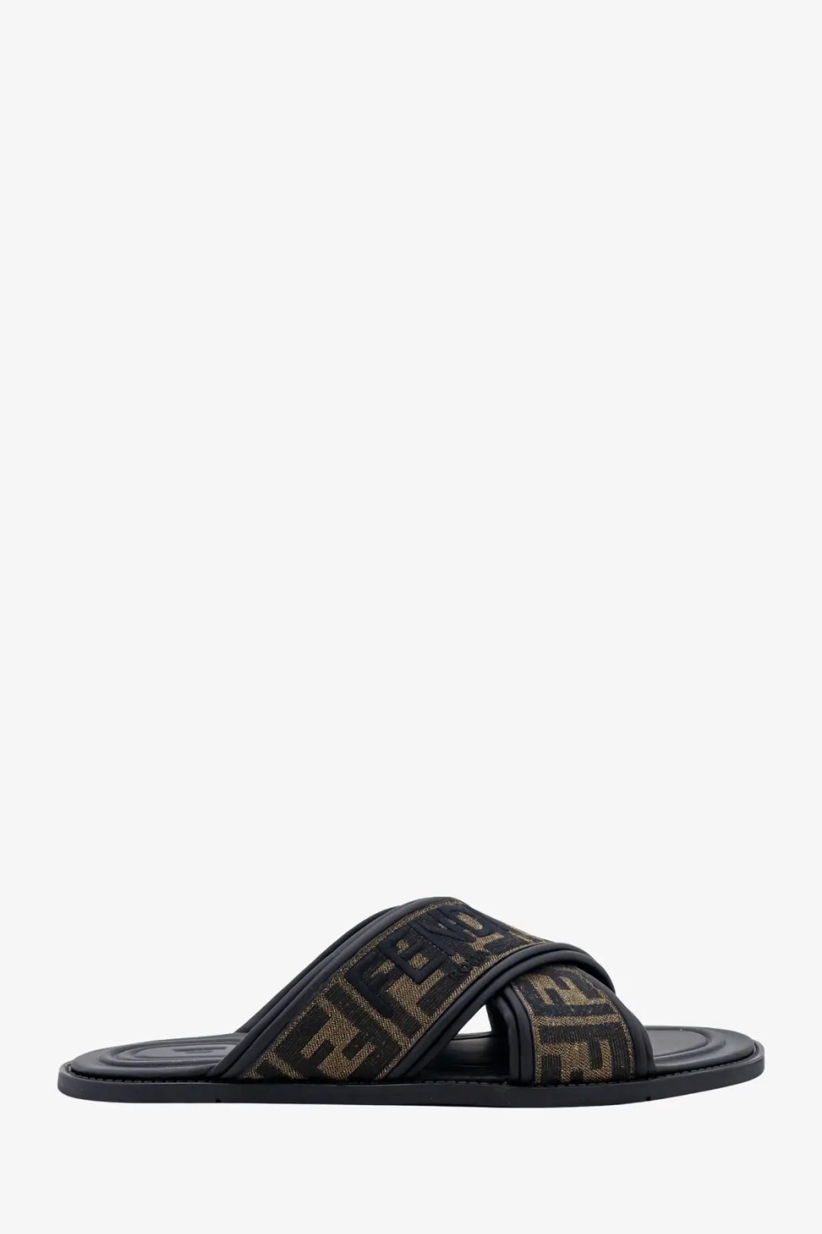 Fendi men’s black slide sandal with brown and black ff jacquard fabric monogram straps