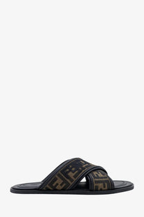 Fendi men’s black slide sandal with brown and black ff jacquard fabric monogram straps