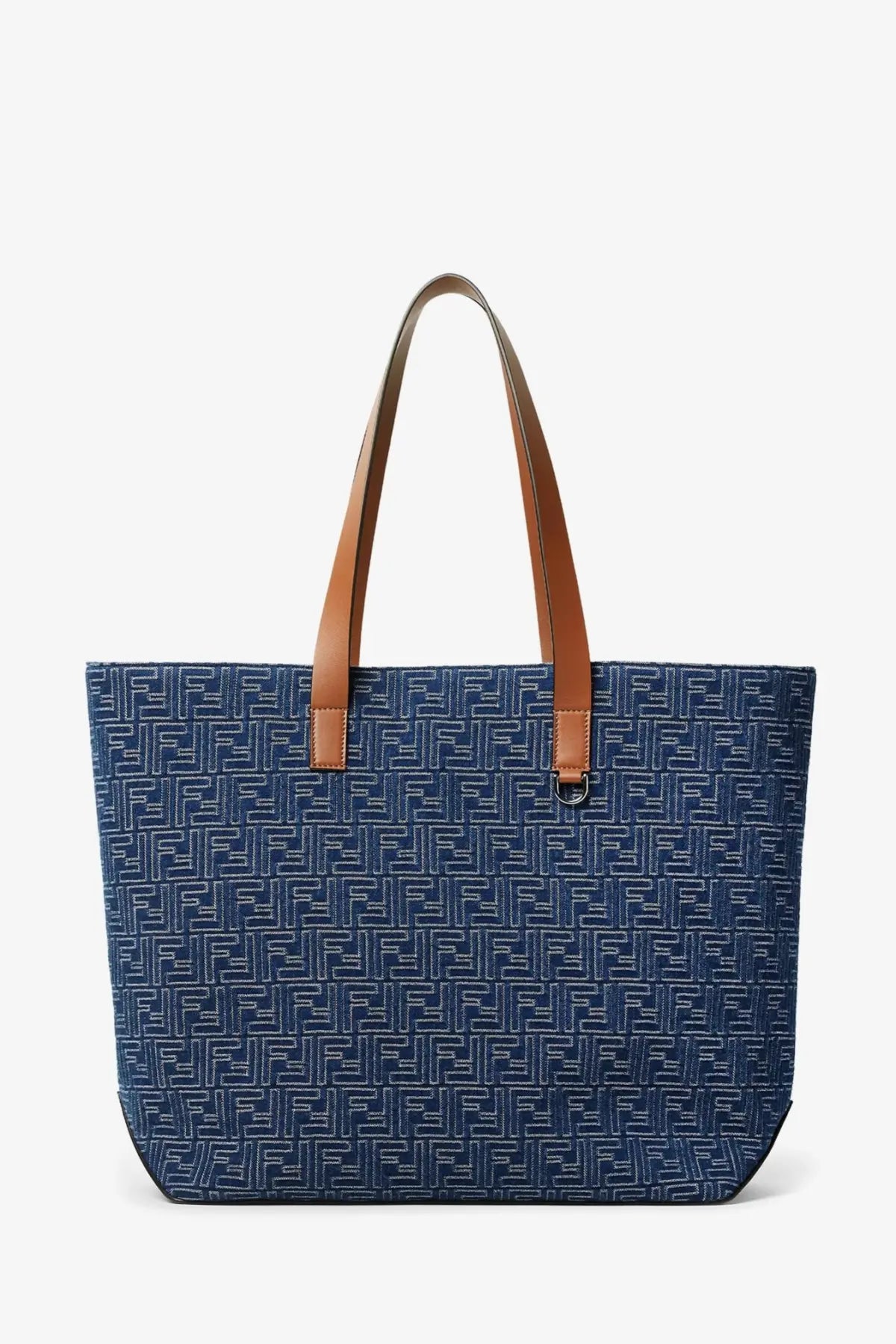 Blue denim fendi men’s ff jacquard tote bag with brown leather handles and repeating ff logo pattern