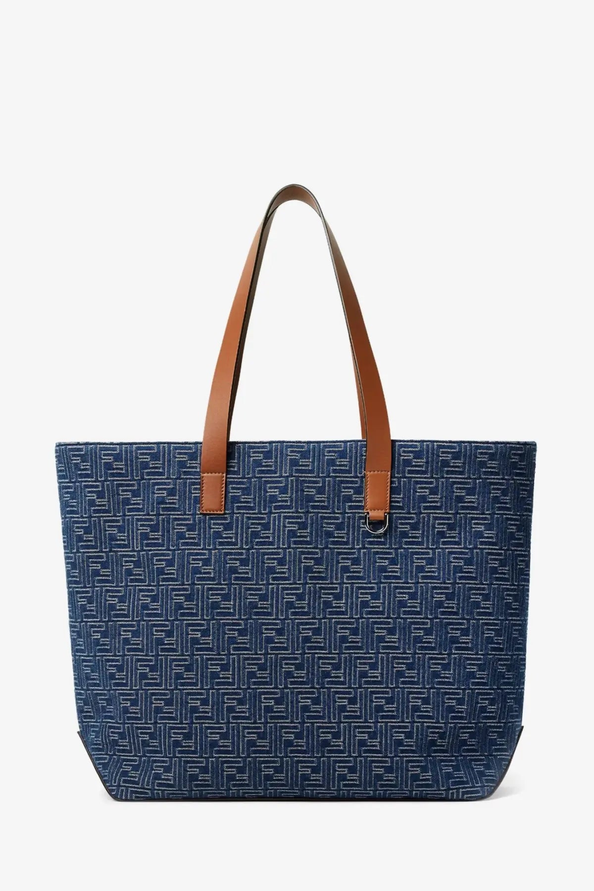 Blue denim fendi men’s ff jacquard tote bag with brown leather handles and repeating ff logo pattern