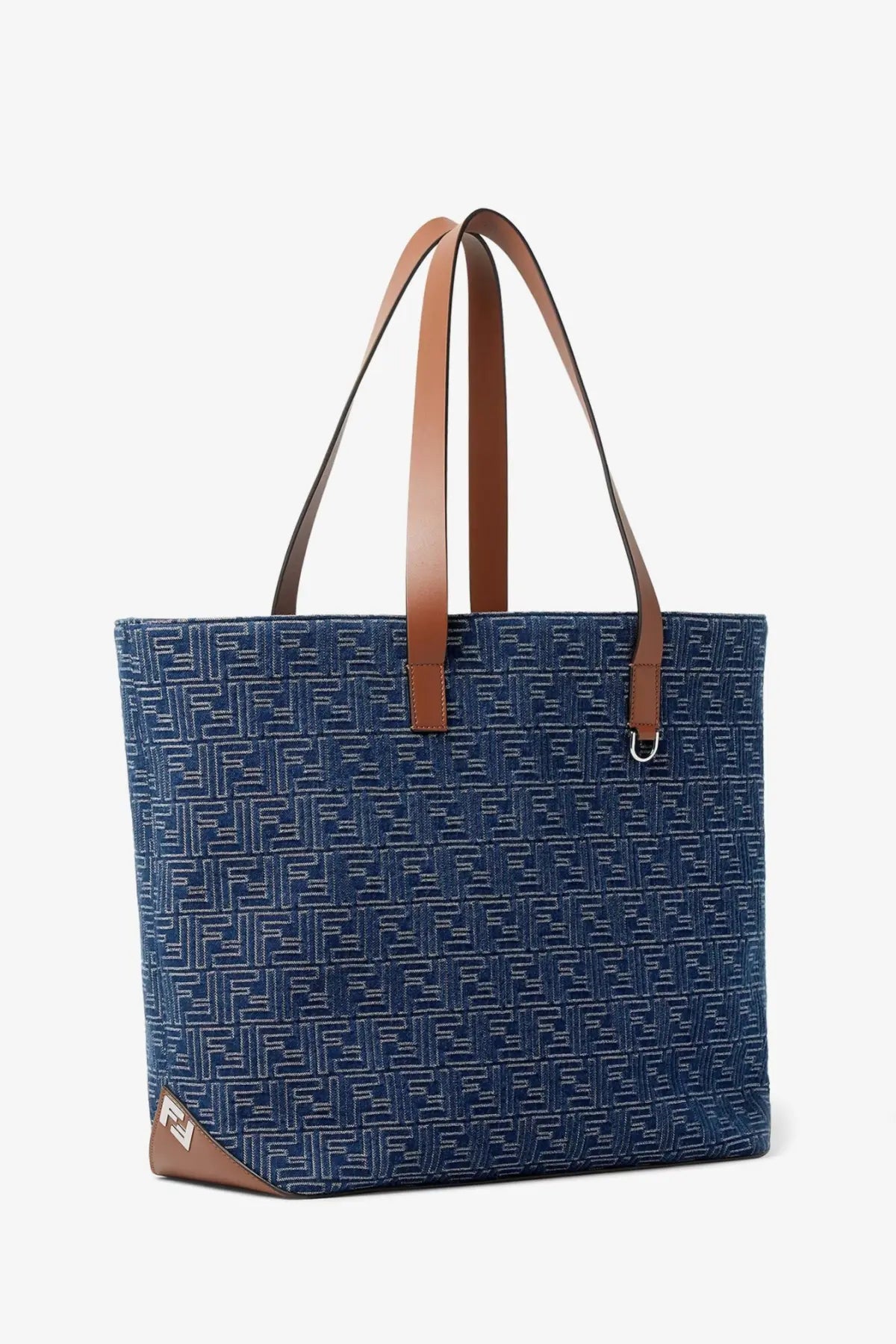 Fendi men’s blue denim tote bag with brown leather handles and corner accents featuring ff jacquard pattern