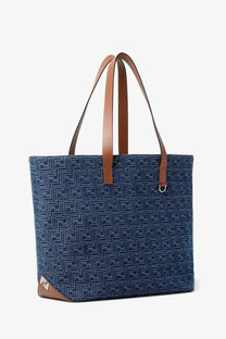 Fendi men’s blue denim tote bag with brown leather handles and corner accents featuring ff jacquard pattern