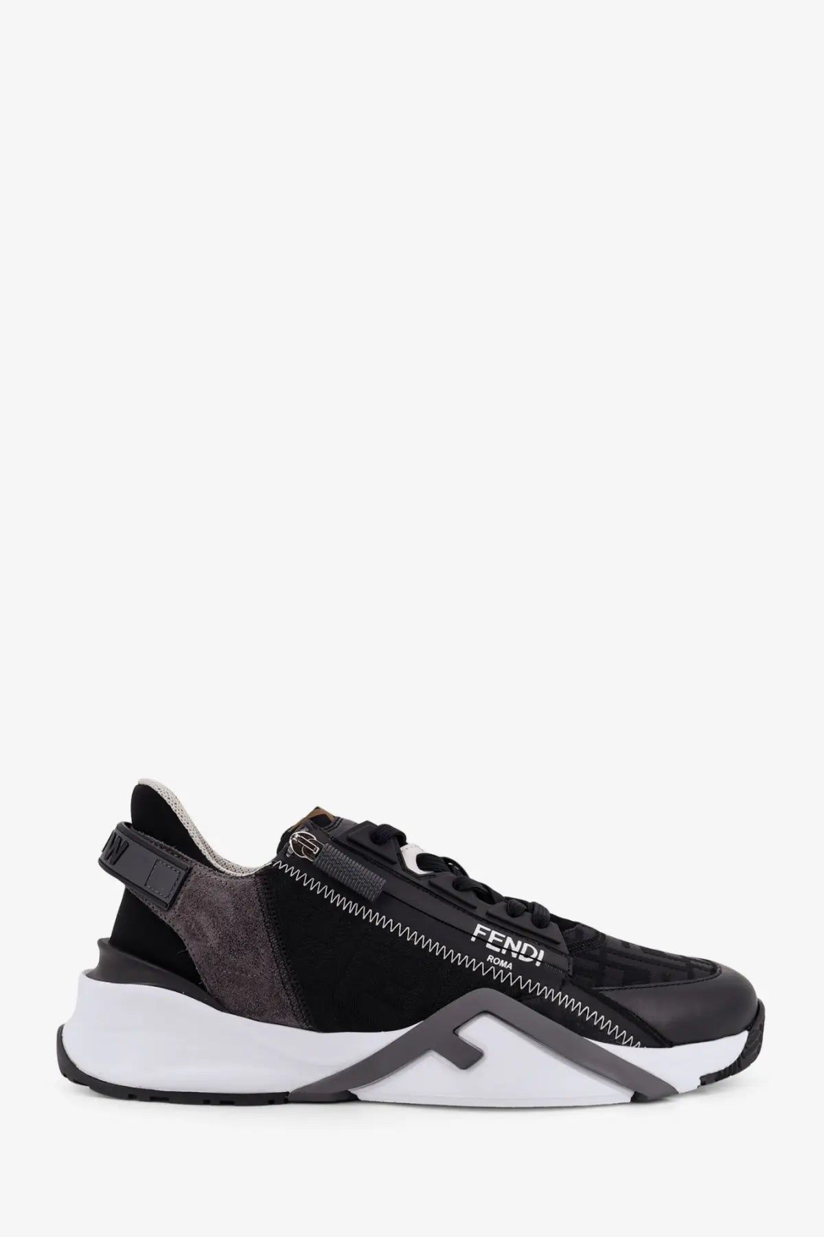 Fendi men’s Fendi Flow slip on sneakers in black with chunky white and gray sole suede and mesh materials