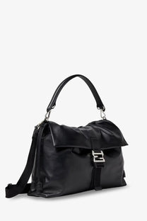 Black leather Fendi men’s Fendi Flux maxi messenger crossbody bag with silver-toned logo clasp and top handle