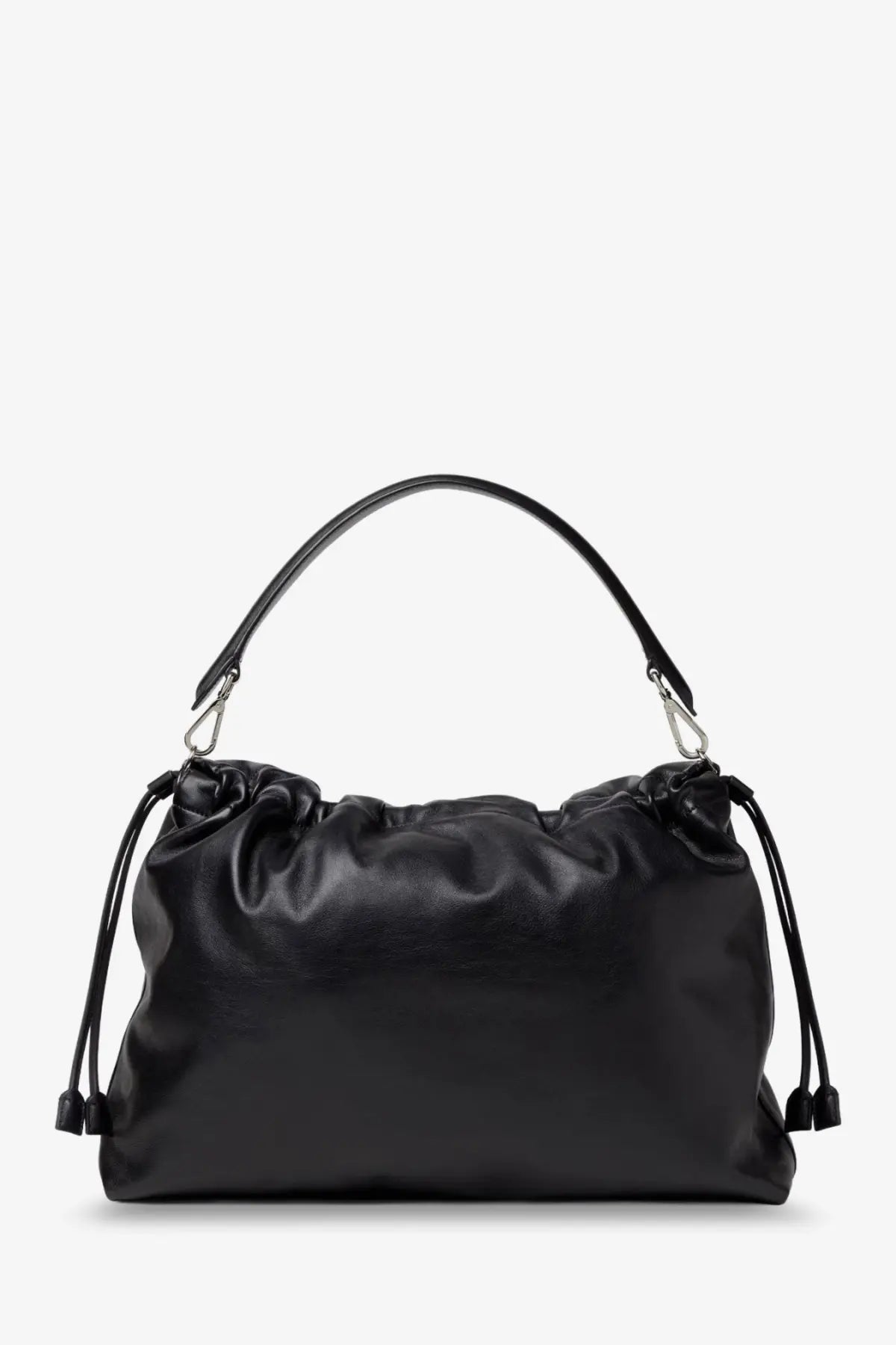 Black leather drawstring handbag with sleek minimalist design and silver hardware in Fendi mens flux maxi messenger bag