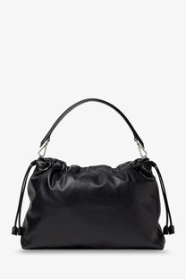 Black leather drawstring handbag with sleek minimalist design and silver hardware in Fendi mens flux maxi messenger bag