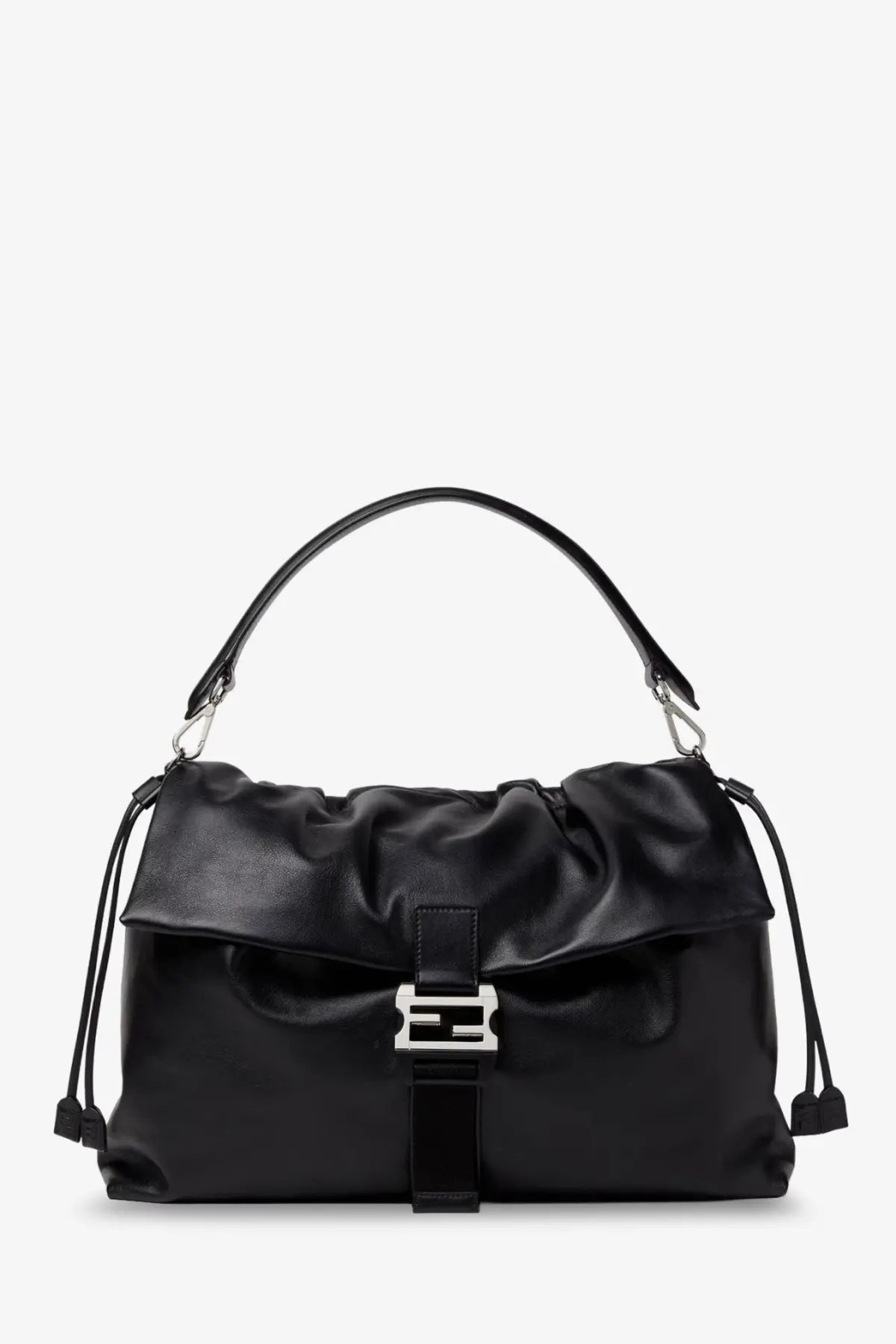 Black leather Fendi men’s Flux maxi messenger crossbody bag with silver-toned logo clasp and drawstring detailing