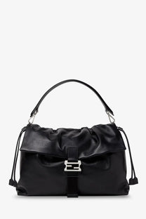 Black leather Fendi men’s Flux maxi messenger crossbody bag with silver-toned logo clasp and drawstring detailing
