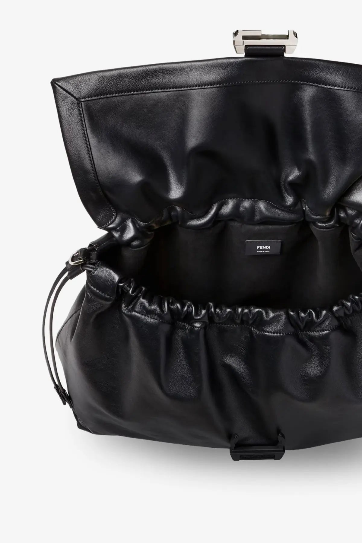 Black fendi men’s fendi flux maxi messenger leather crossbody bag with ruched design and silver hardware
