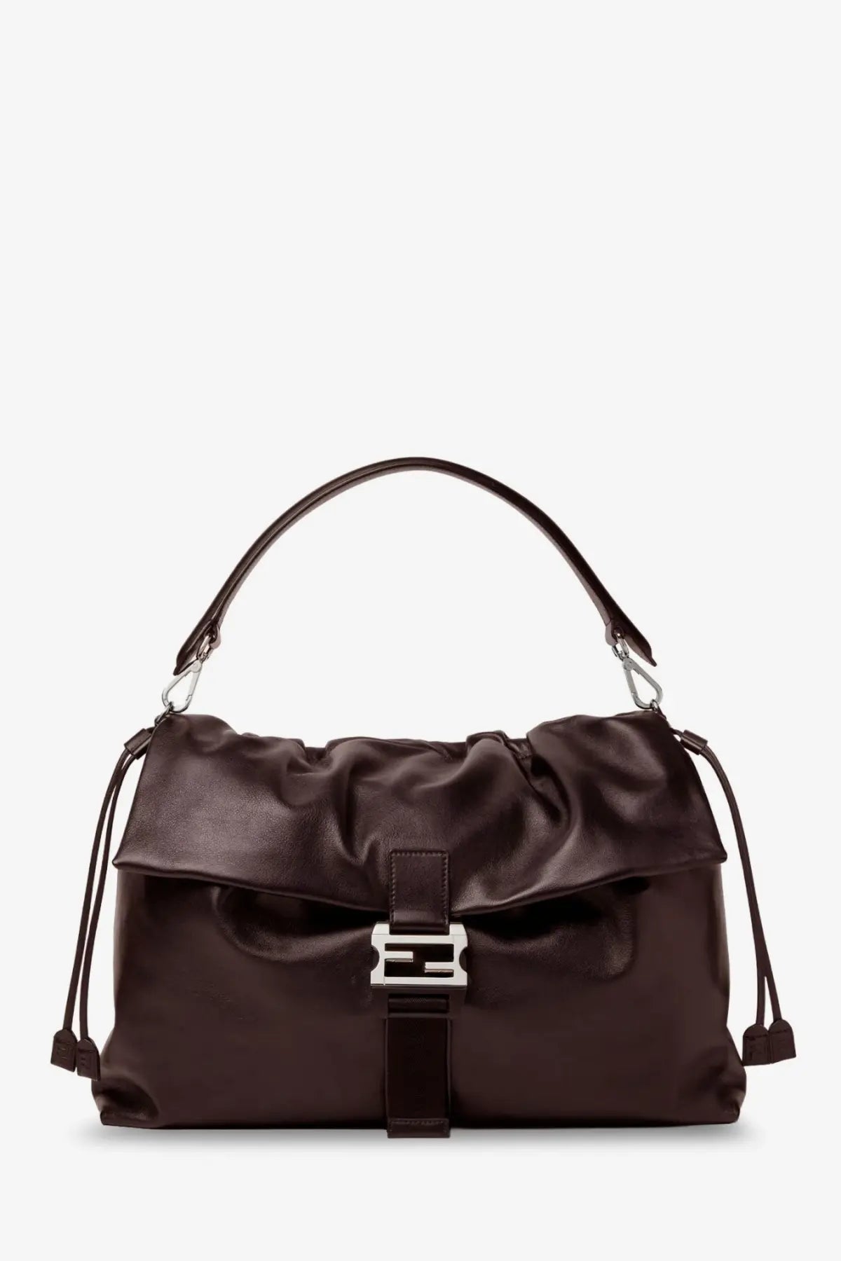 Dark brown leather fendi mens flux maxi messenger shoulder bag with silver-toned f shaped metal clasp and drawstring ties