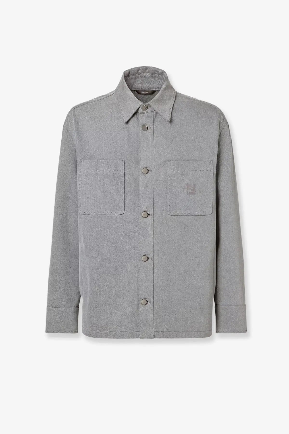Fendi men’s denim stone bleached grey jacket featuring gray textured cotton button-up with two front pockets and brand patch