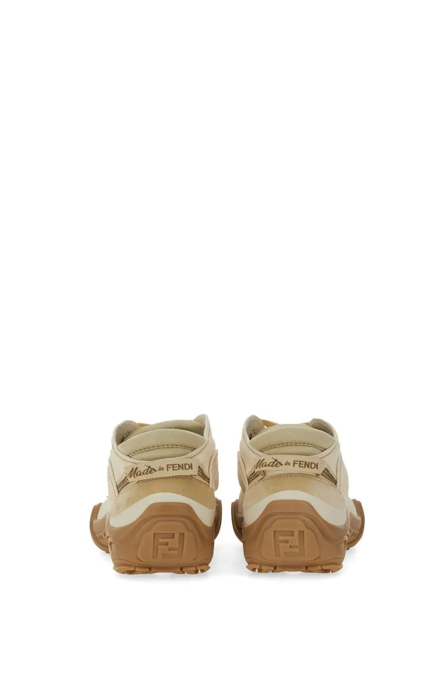 Beige fendi men’s fendi lab sneaker with tan rubber soles and embossed ff logo detailing in white leather