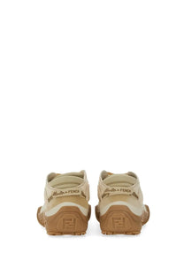 Beige fendi men’s fendi lab sneaker with tan rubber soles and embossed ff logo detailing in white leather
