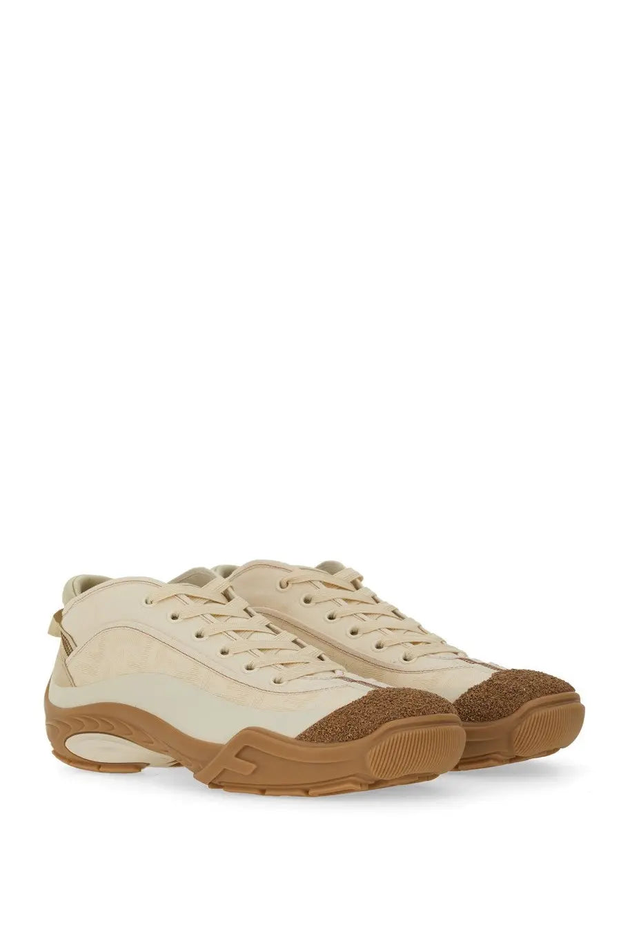 Cream-colored leather fendi men’s fendi lab sneaker with tan rubber soles and textured toe caps