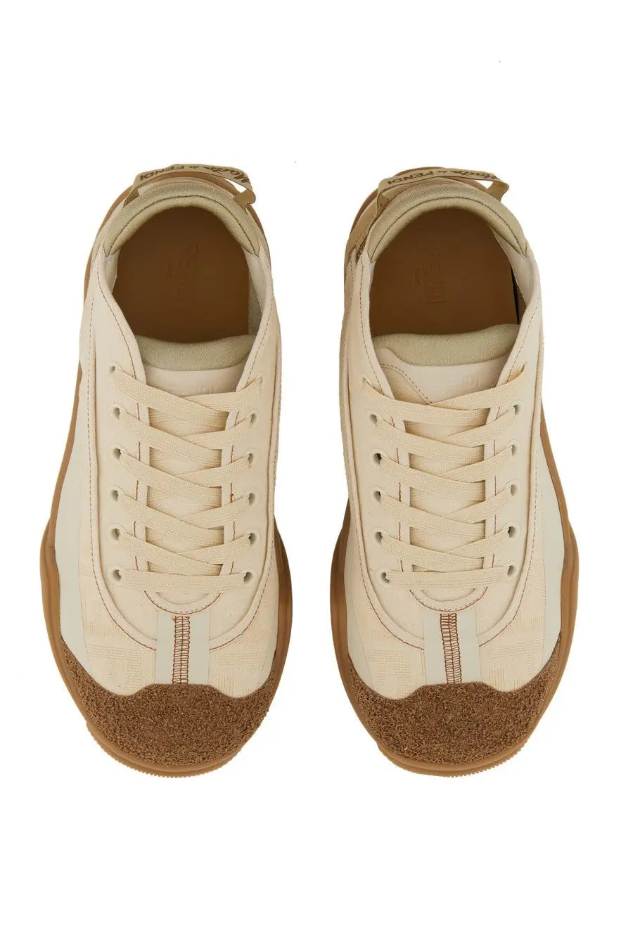 Cream-colored fendi men’s fendi lab sneaker with suede toe cap tan rubber sole and metallic eyelet laces