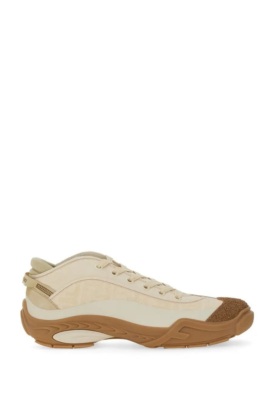 Cream-colored suede and rubber Fendi men’s sneaker with textured brown toe cap from Fendi Lab collection white