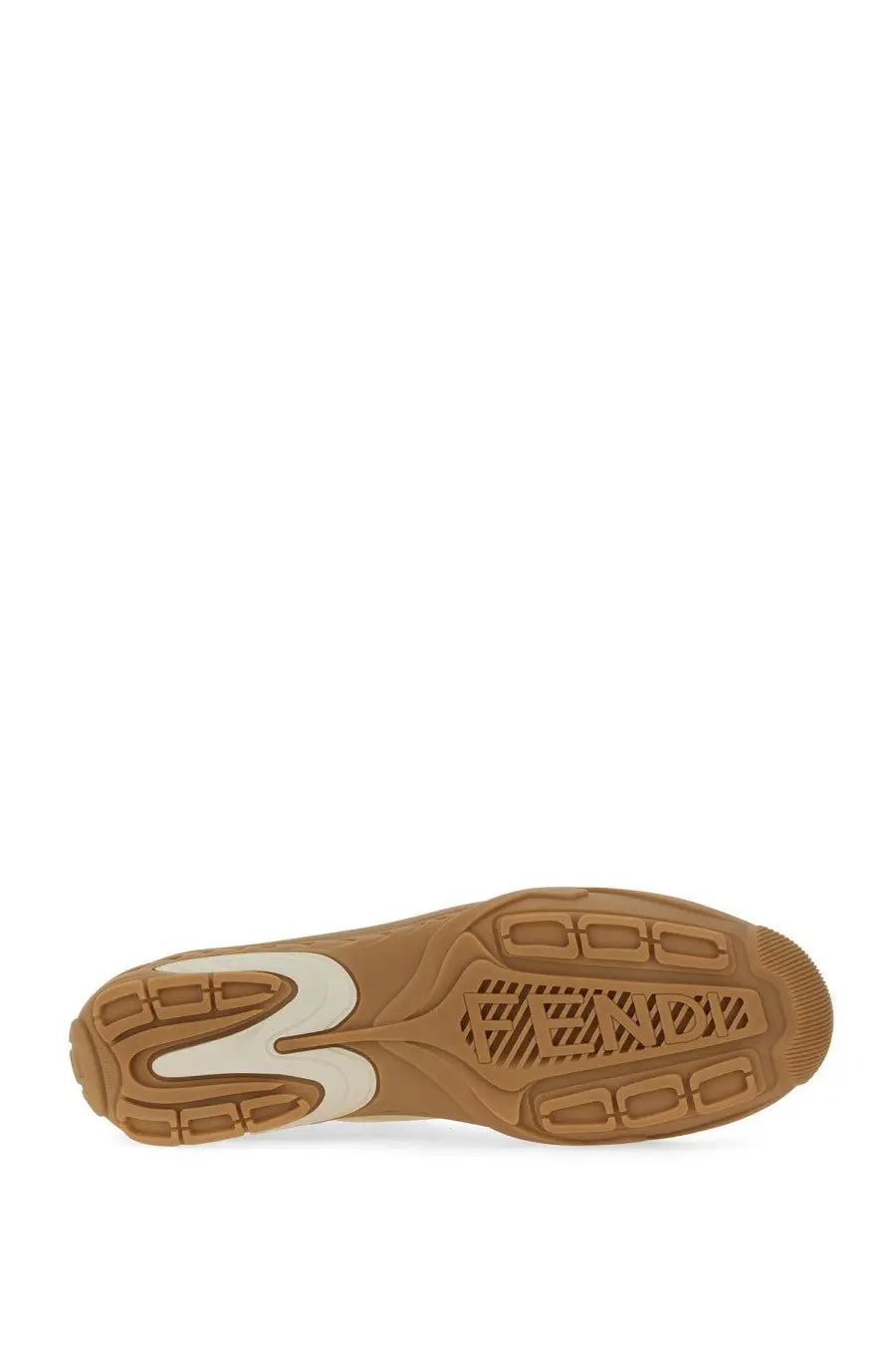Back view of fendi men’s fendi lab sneaker with tan rubber sole white midsole and embossed fendi logo on heel