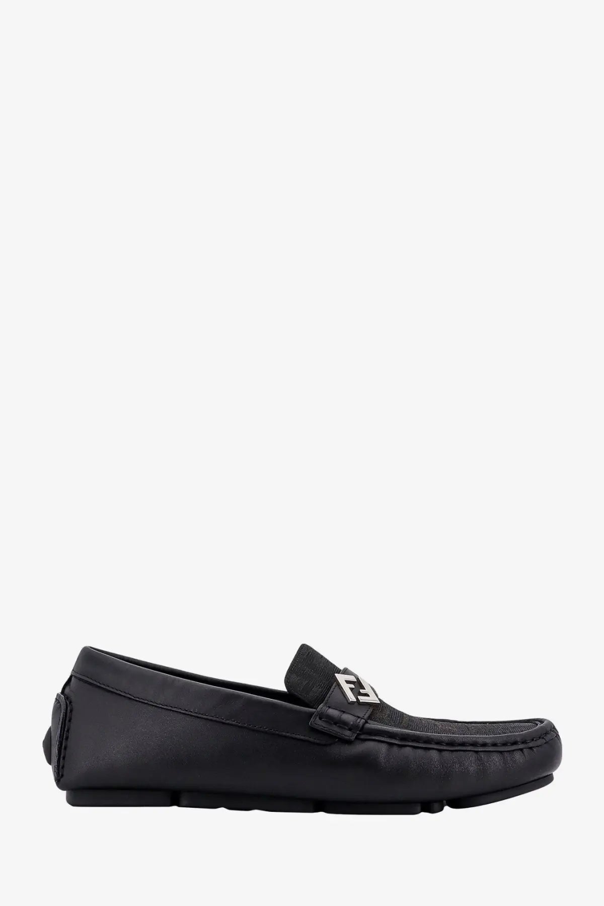 Black fendi men’s leather and canvas loafers with sleek leather finish and signature ff logo plaque