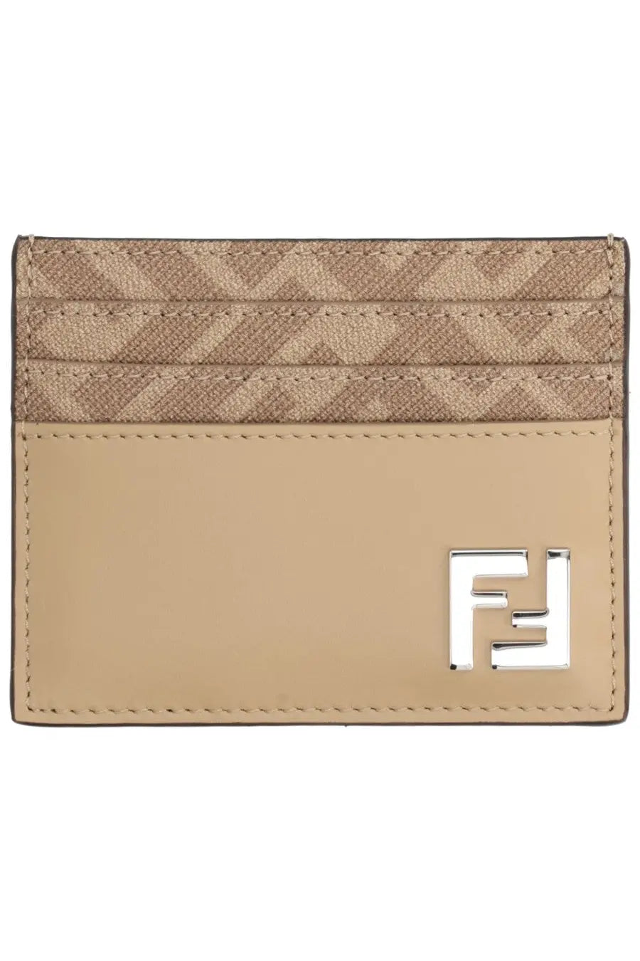 Beige fendi men’s leather card holder with patterned top section and silver-toned logo emblem
