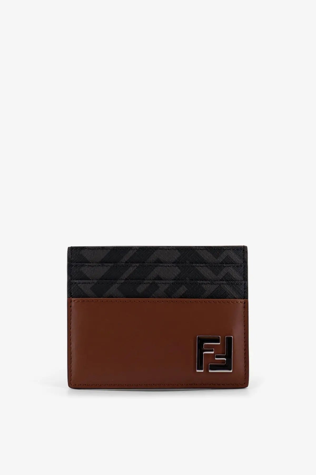 Fendi men’s brown leather card holder with black patterned top and metallic Fendi logo front view