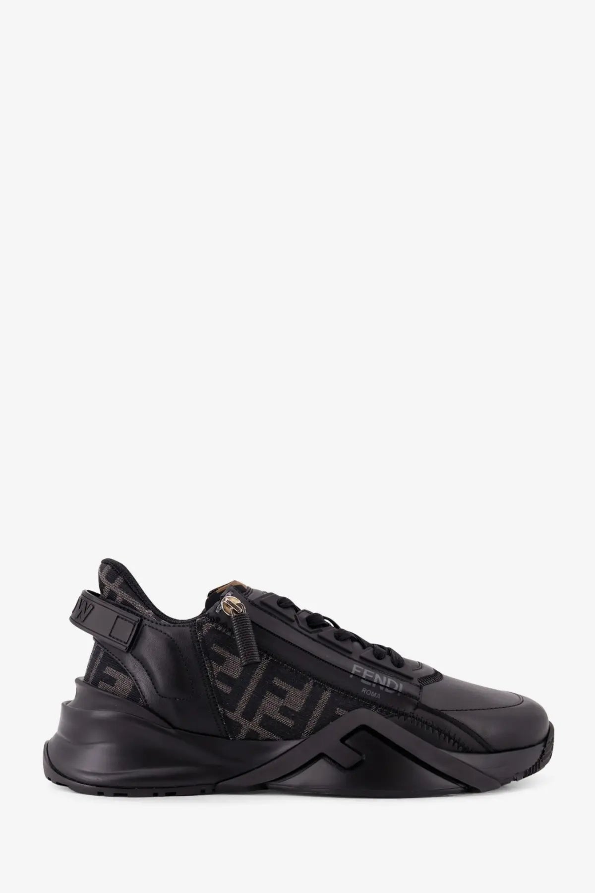 Fendi men’s black leather flow sneakers with bold chunky sole and signature ff logo pattern on the side