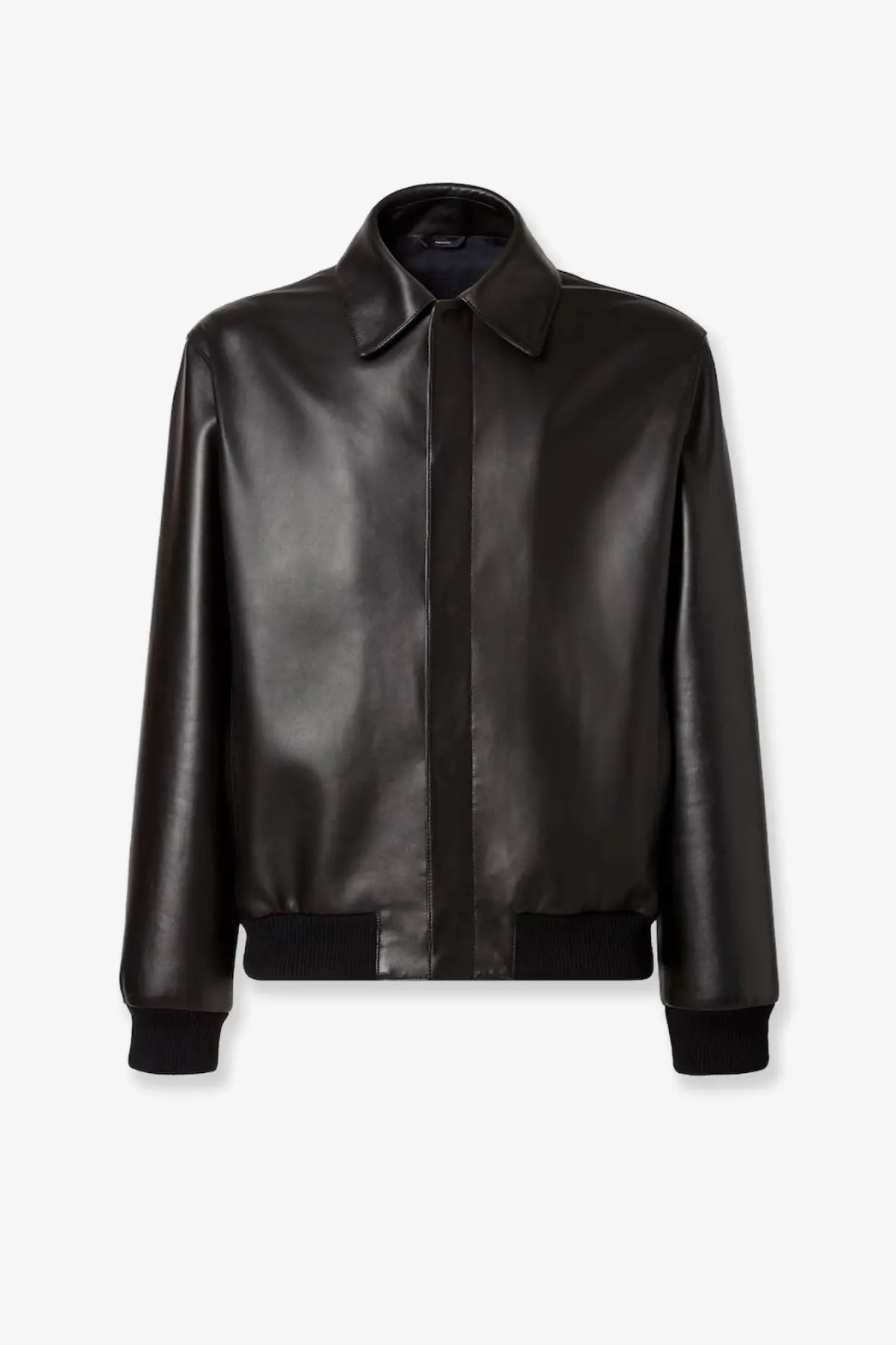 Fendi men’s black leather bomber jacket with ribbed cuffs and hem in a sleek design