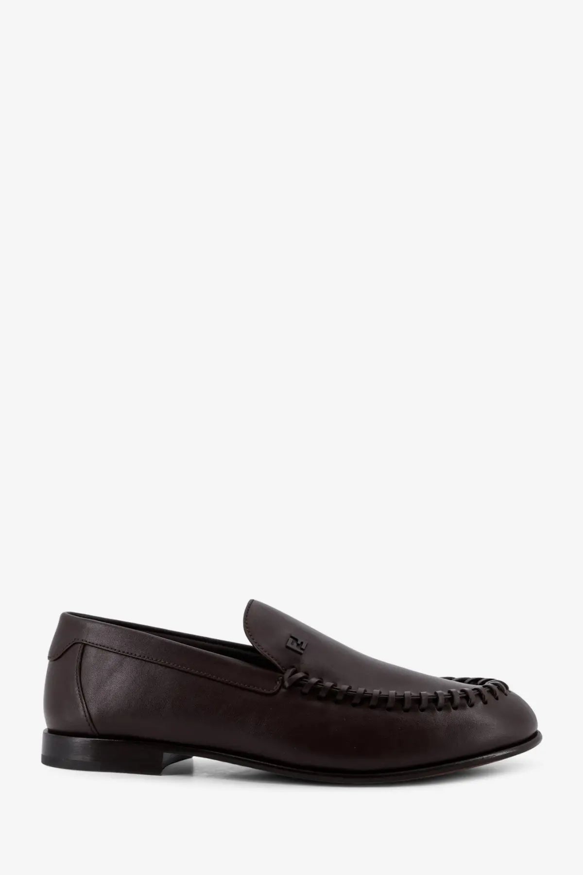 Fendi men’s dark brown leather loafers with stitched toe cap and subtle brand logo on the vamp