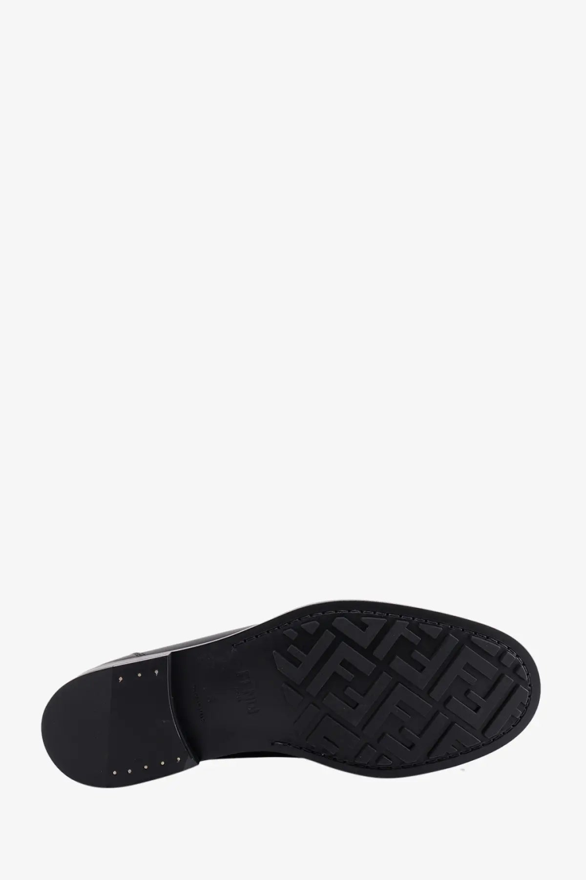 Black fendi men’s leather loafer sole with embossed ff logo pattern in black showing the back side of the shoe