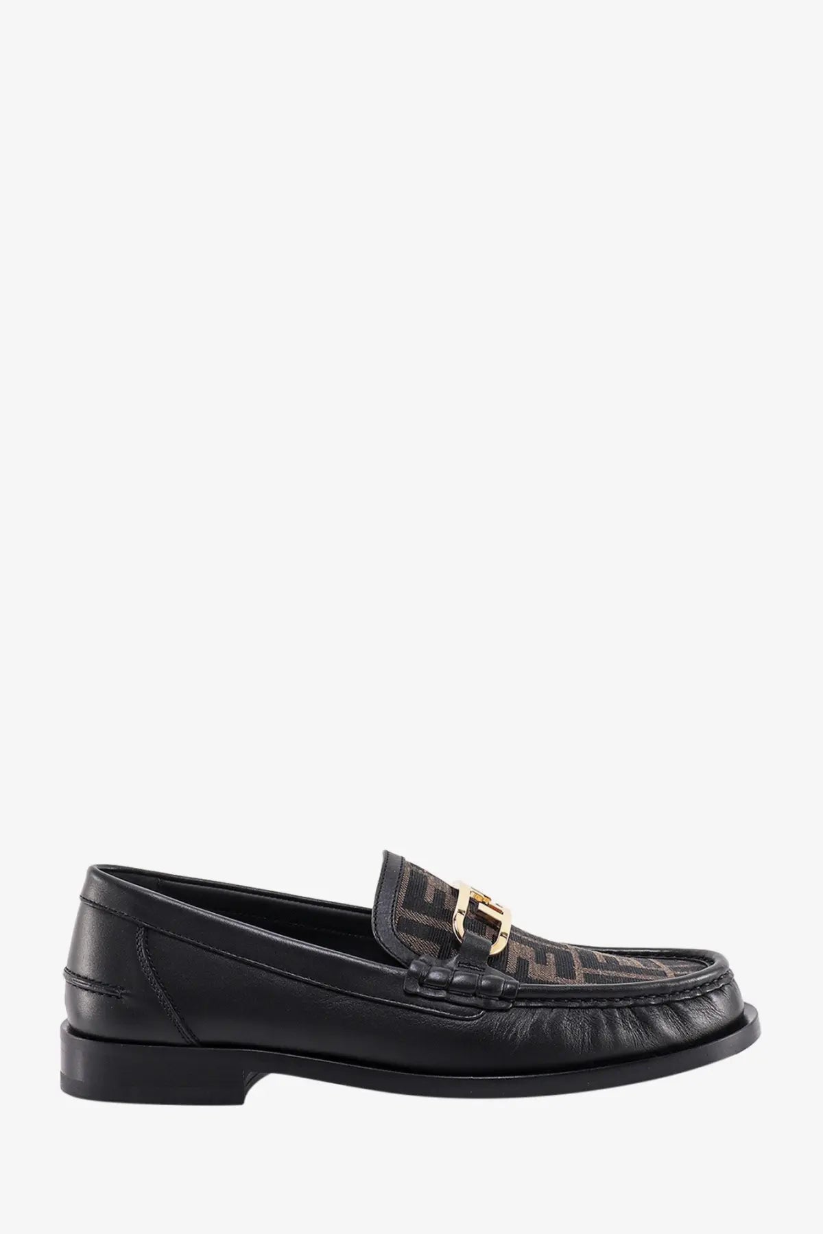 Black leather loafer with brown and black ff logo pattern and gold-tone metal buckle by Fendi for men