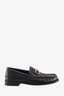 Black leather loafer with brown and black ff logo pattern and gold-tone metal buckle by Fendi for men