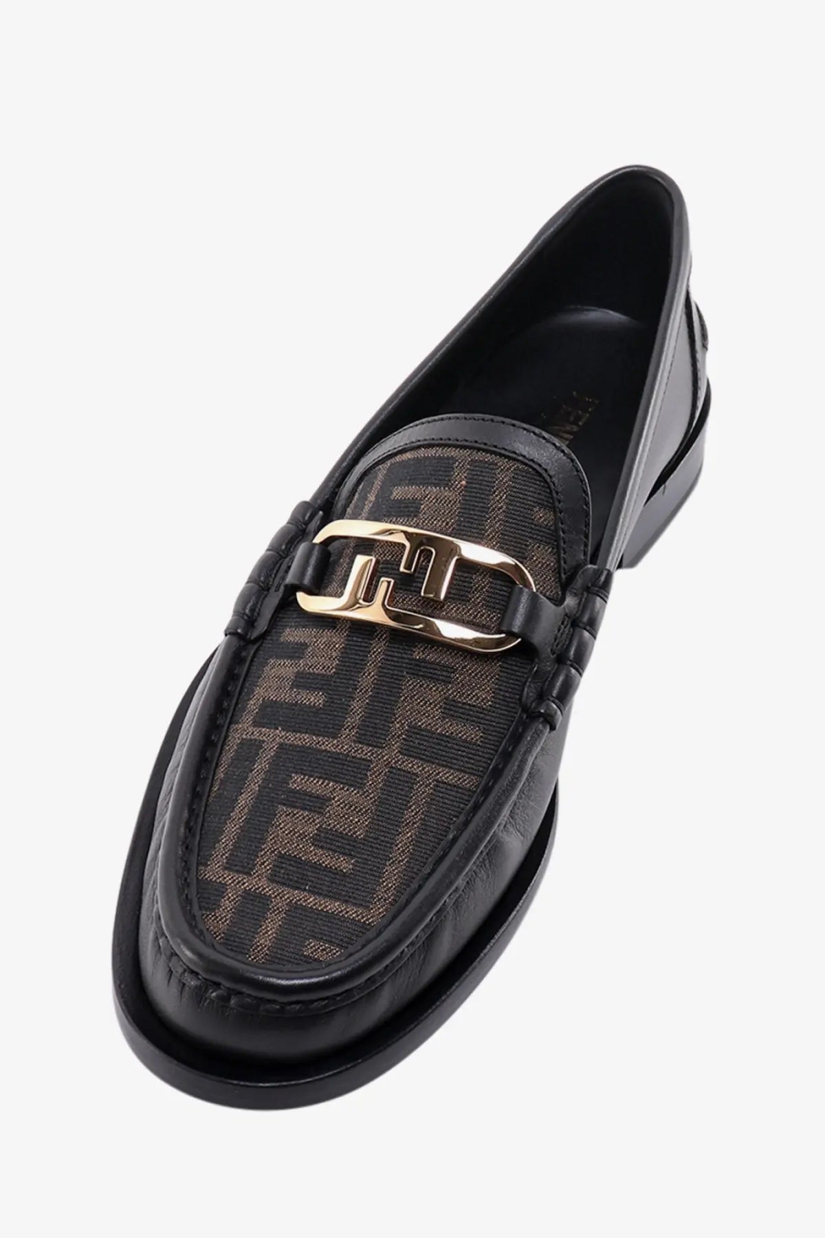 Fendi men’s black leather loafers with gold-tone ff logo buckle and brown monogram canvas detailing