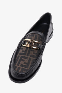 Fendi men’s black leather loafers with gold-tone ff logo buckle and brown monogram canvas detailing