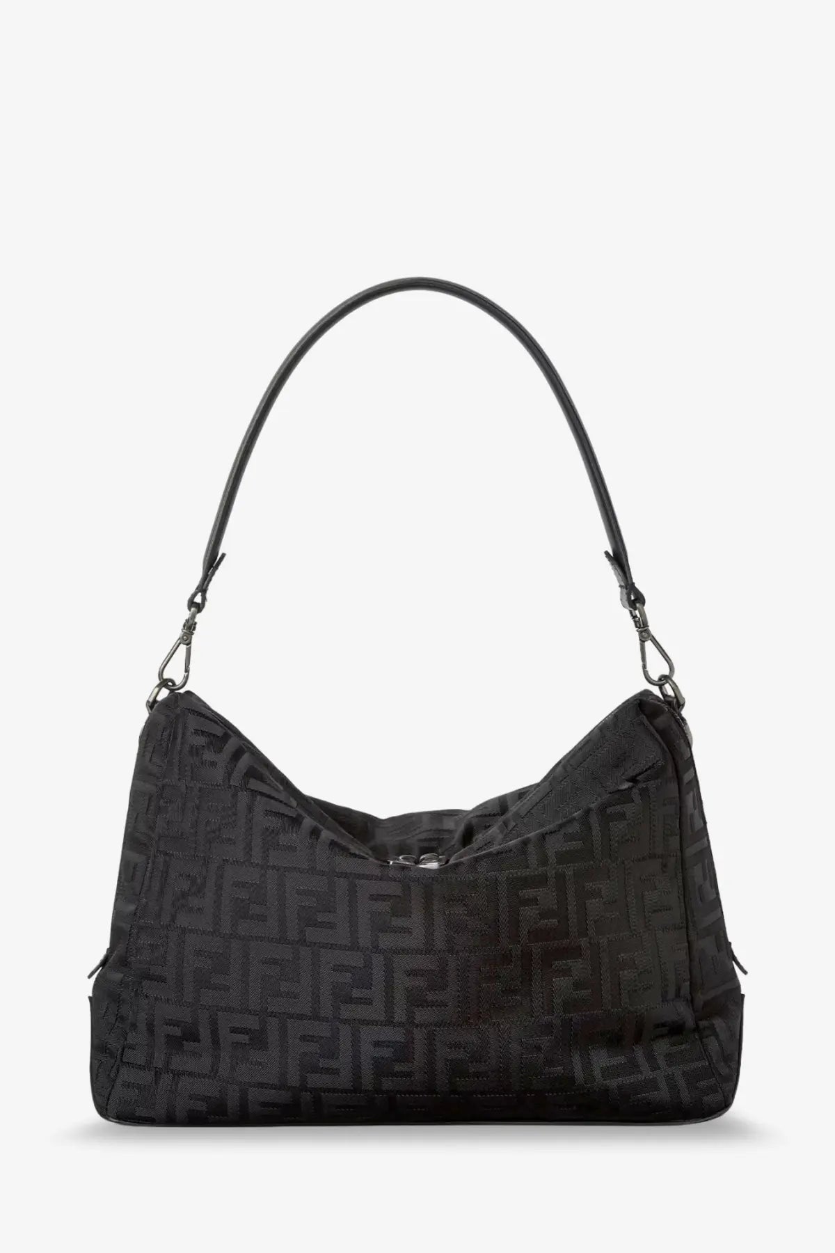Black fendi men’s lui large ff nylon crossbody bag with repeating ff logo pattern and black leather handle