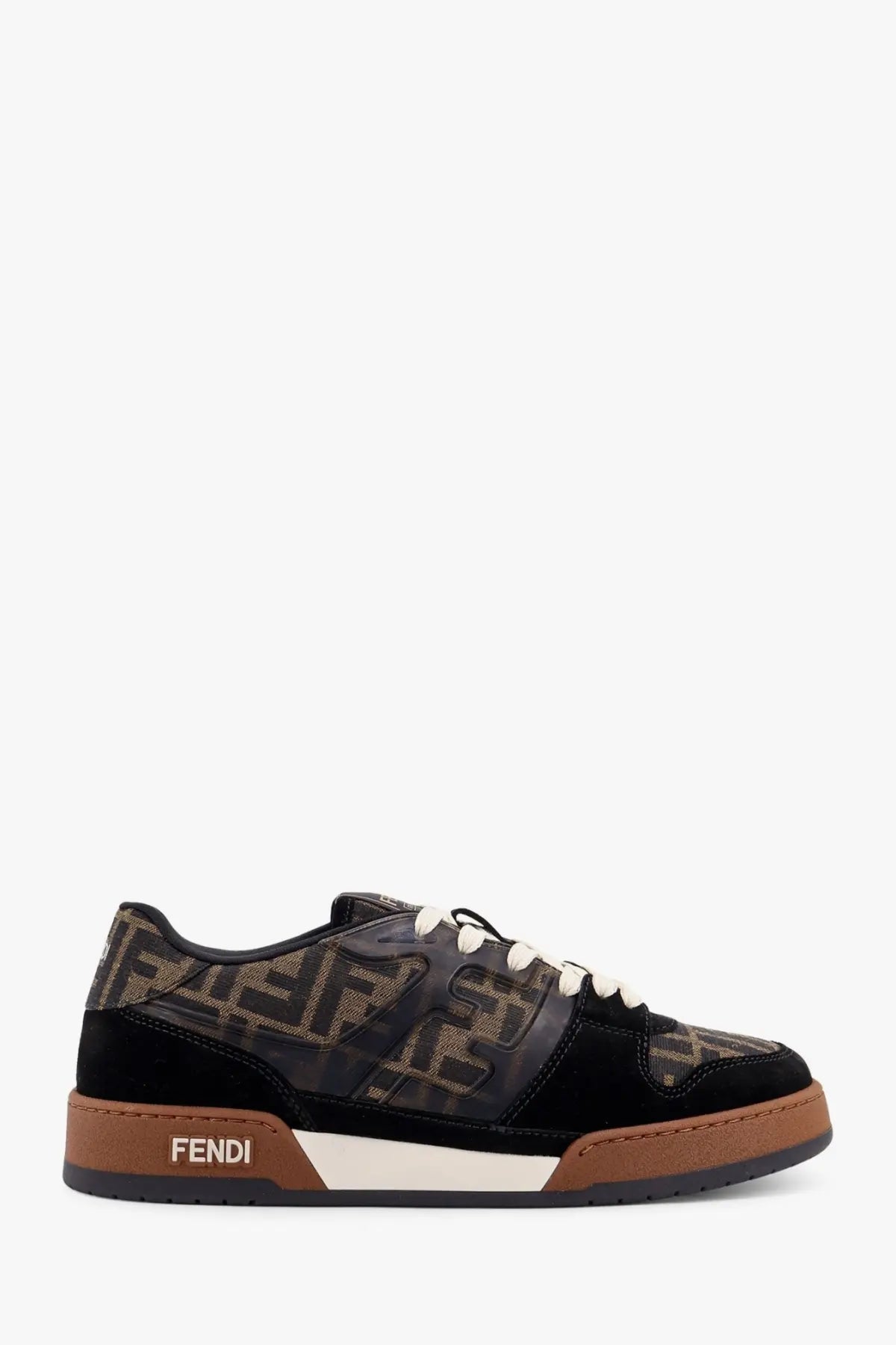 Black fendi men’s sneaker with brown beige ff logo pattern suede leather upper white laces and tan rubber sole
