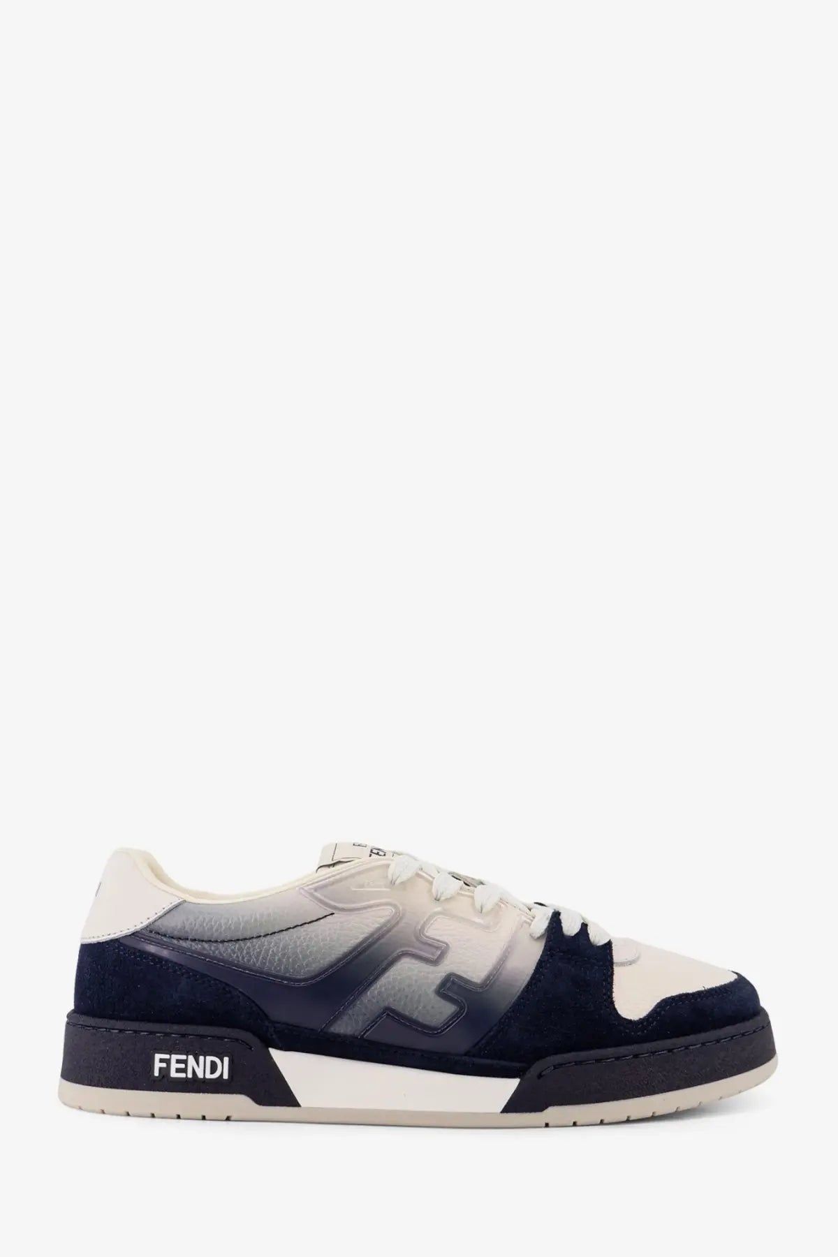 Fendi men’s match leather sneakers with gradient navy to white suede and leather upper and black rubber sole