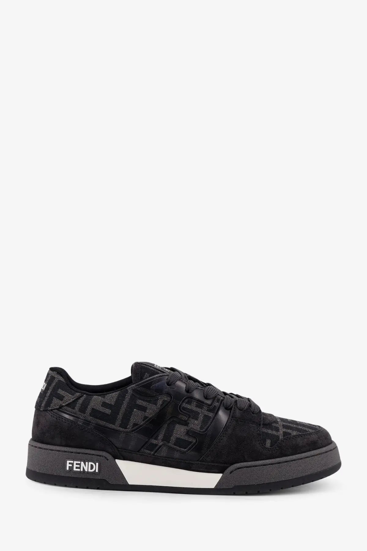 Fendi men’s match sneakers in black suede with ff jacquard pattern and white stripe along the midsole