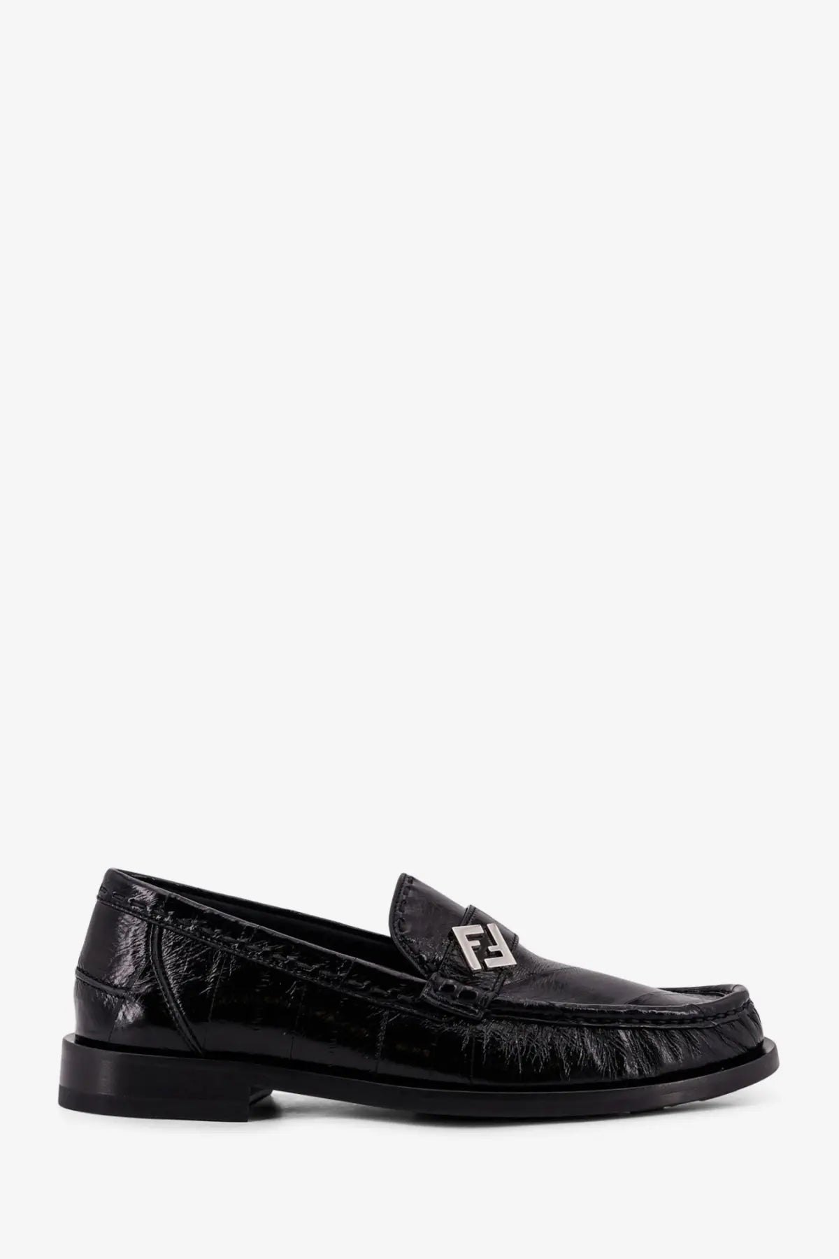 Fendi men’s missina leather loafers in black crocodile embossed leather with silver ff logo plaque
