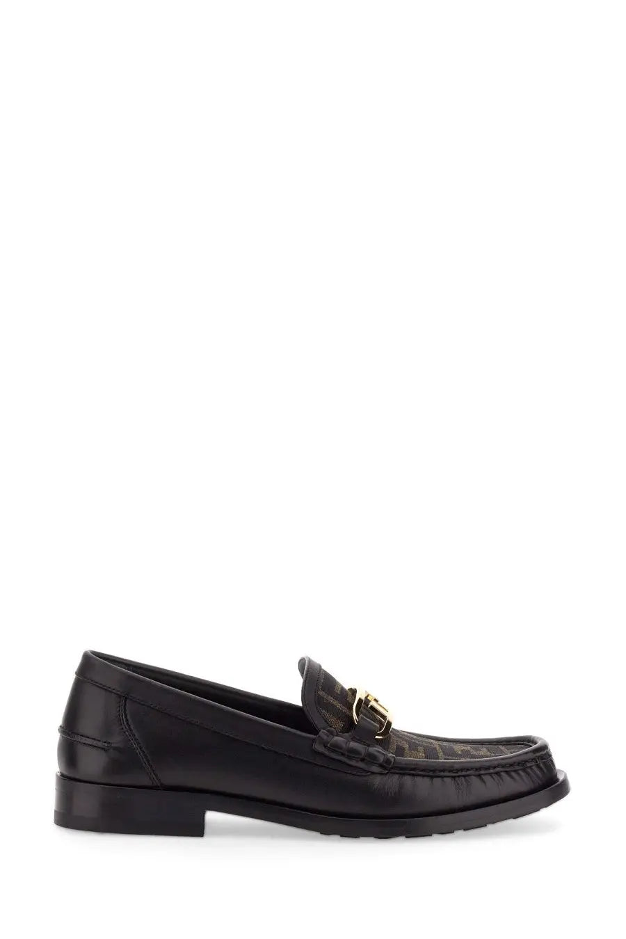 Fendi Mens Olock black leather loafer with gold buckle and monogram toe