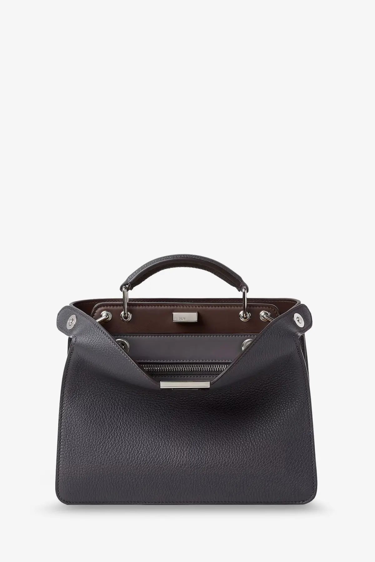 Fendi men’s peekaboo iseeu small black pebbled leather crossbody bag with silver hardware and brown interior